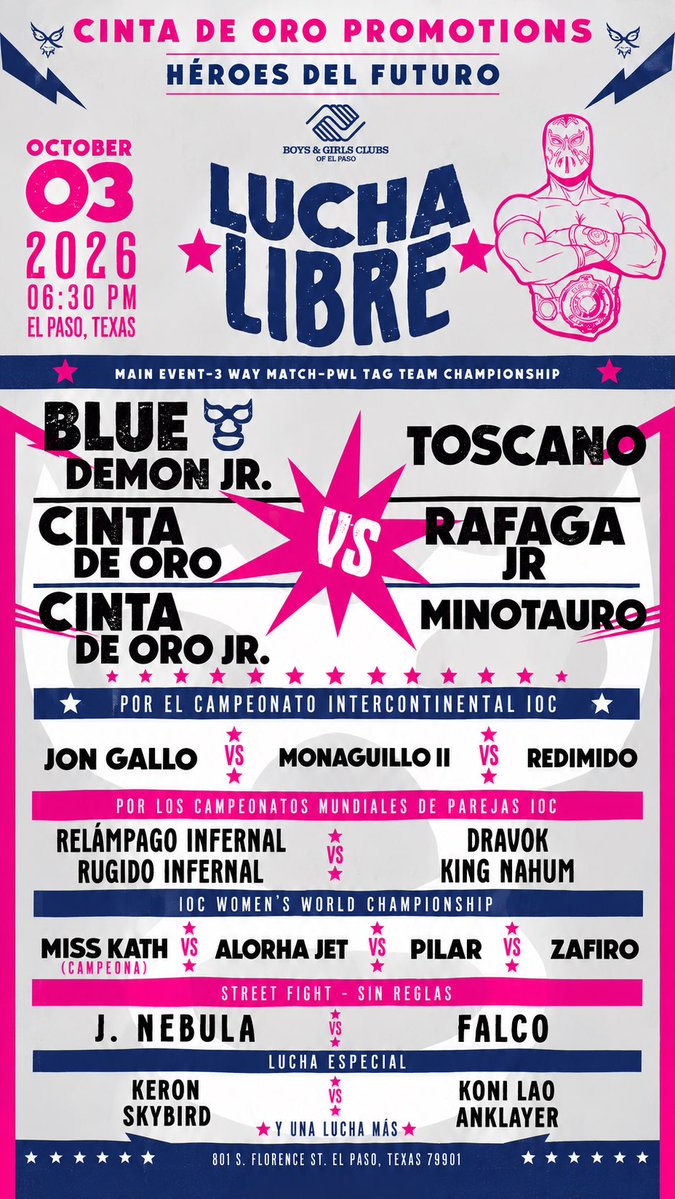 CDOPromotions's tweet photo. 🔥 ¡EL PASO, SOLO FALTAN 2 DÍAS! 🔥

Este sábado llega HÉROES DEL FUTURO con Blue Demon Jr., Cinta de Oro, Toscano, Ráfaga Jr., Minotauro y muchas estrellas más.

🏆 ¡3 Campeonatos Mundiales estarán en juego!

📅 Oct. 3 | ⏰ 6:30 PM
🎟️ ¡No te quedes fuera!

#HeroesDelFuturo https://t.co/lHoRPTVlge