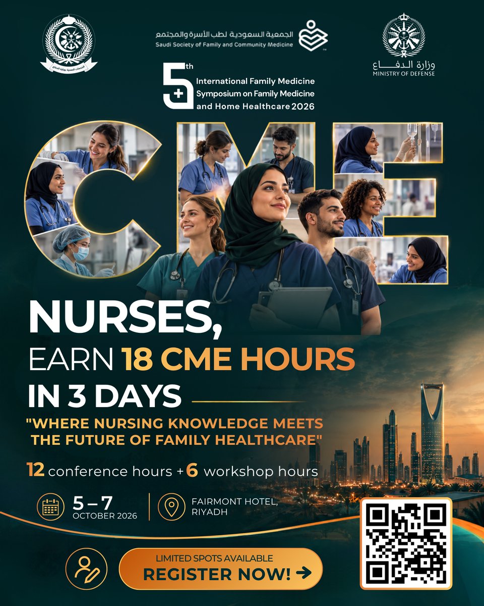 MCIAlRowad's tweet photo. Nurses, home healthcare runs on you.

12 SCFHS-accredited CME hours. Two days on family medicine and home care.

Workshops sold out. Conference seats remain.

5th International Family Medicine Symposium
6-7 October | Fairmont Hotel, Riyadh
Register: https://t.co/2DveBJvoHr https://t.co/VELLK7QHLd