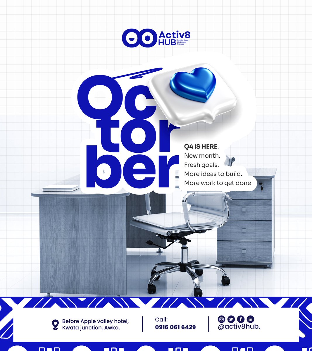 activ8hub's tweet photo. The final quarter of the year isn’t just about finishing strong, it’s about making the remaining months count.
More ideas. More connections, More opportunities to learn, build and grow.
Let’s make Q4 one to remember.
#Activ8Hub #Workspaceinawka #Techhub #officerentalsinawka https://t.co/QuJColI2hz