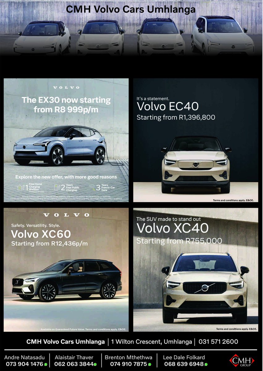 bugletwit's tweet photo. The EX30 now from R8,999pm at CMH Volvo Cars Umhlanga. Also in the range: EC40 from R1,396,800, XC60 from R12,436pm, XC40 from R755,000. 1 Wilton Crescent, Umhlanga | 031 571 2600. #CMHVolvo #Volvo #Umhlanga #TheBugle https://t.co/KIiARQYeq5
