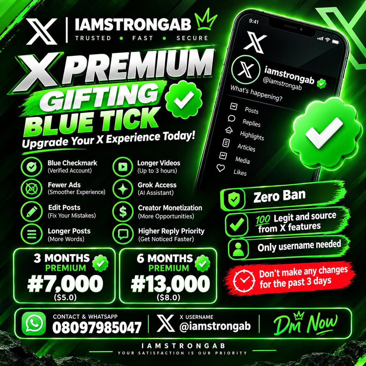 Iamstrongab's tweet photo. 🔥 X Premium is available! 🔥
Want to upgrade your X experience with Premium? I’ve got you covered. 💚
✅ 3 Months 
✅ 6 Months 
✅ Fast &amp; secure service
✅ Simply send your X username
📲 WhatsApp: 08097985047
🐦 X: @iamstrongab
DM me now to get yours. 🚀 https://t.co/2xgD8kHq3s