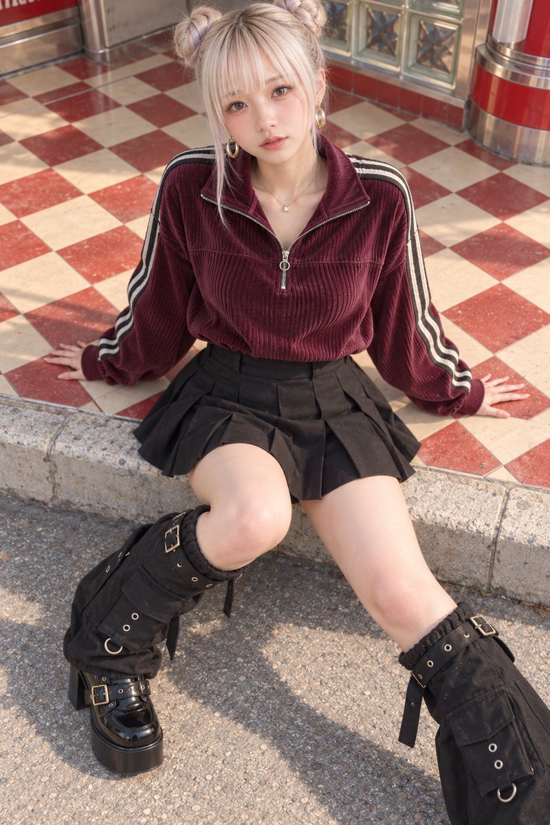 MoodLock_JP's tweet photo. 本気で新規参入するなら、差別化しないと既存のAI美女アカウントには勝てない💫
特に👇の項目に当てはまってたら、直ぐに方針変更をおすすめします。

��センスのないAI美女アカウントの特徴】
・ずっと同じ髪型
・同じ服・AIポン出しの服
・露出しかしないアカウント

⚠️フォロワー数多い＝センスがあるわけじゃない⚠️

MoodLock Outfit Studio を固定ポストでチェック✅
カテゴリごとに交換可能な衣装プロンプトを配布中✨   
生成環境：ChatGPT Images 2.5

#AIart️️️️️️️️️️️️️️️️️️️️️️️️️️️️️️️️️️️️️️️️️️️️️️️️️️️ #プロンプト

PROTECTED WARDROBE RULE — HIGHEST PRIORITY: Treat each garment description below as its immutable final product identity. Preserve construction, parts, hardware, material, pattern, and every registered graphic or marking—its surface, side, orientation, scale, colors, content, spelling, and count. FINAL WORN STATE overrides only the scoped item's use, position, side, orientation, fastening, layering, folds, tucks, knots, and drape. If source prose omits or misclassifies a component required by an explicit selection, that selection corrects only that component. A SOURCE GARMENT label describes the unstyled item, never the completed silhouette. Do not redesign, add, remove, mirror, duplicate, relocate, or redraw protected details.

Wardrobe:

Top:

An oversized burgundy ribbed-velour half-zip pullover with a soft plush sheen, fine lengthwise ribs and a roomy hip-length body. A tall stand collar closes through the upper chest with a silver-tone zipper and small looped pull. Horizontal yoke seams cross the front and back, and deeply dropped shoulders lead into very long, loose sleeves gathered into solid burgundy rib-knit cuffs. Dark charcoal woven tape runs from each side of the collar across the shoulder and down the outer sleeve to the cuff, carrying two parallel ivory stripes separated by a similarly broad charcoal stripe and framed by narrower dark borders. A simple straight hem finishes the relaxed body.

Final worn state:
- Tucking: Insert the complete hem circumference, including the front, both sides, and the back, into the actual waistband of the selected Bottom item at its selected worn height. Keep the complete hem continuously contained with no section hanging outside, and do not move the waistband vertically; let the selected finish control only the adjacent fabric distribution. Let material-correct tension travel through connected fabric and fade with geodesic distance; across seams, reduce or redirect it according to connection and stiffness, without a hard cutoff or unconnected jump. Keep unselected openings, edges, seams, closures, components, and connections topologically unchanged. Natural handling within this same operation: Keep the selected tuck amount fixed while using a soft boundary, modest adjacent slack, and slight large-scale asymmetry.

Bottom: A high-waisted black mini skirt in smooth matte structured woven fabric, with a fitted waistband and broad, deep pleats opening into a short A-line silhouette. Wide flat panels alternate with recessed knife folds around the front, sides and back, creating restrained volume rather than fine accordion pleating. Belt loops, a concealed side zipper and a clean upper-thigh hem complete the tailored construction.

Legwear: A pair of black woven cargo leg covers extending from just below the knees to the ankles, with roomy tubular bodies, softly bagged volume and lightly gathered open lower hems. Slightly frayed upper rims rise above adjustable straps fitted with silver-tone rectangular buckles and round metal eyelets. A second strap encircles each upper calf, and long loose strap ends descend along the outer sides. Each front-outer shin carries a large gusseted rectangular cargo pocket with a broad shaped snap flap, two vertically aligned metal eyelets on its lower face and a silver-tone D-ring suspended beneath on a short fabric tab. Plain matching backs and concealed inner-side openings complete the separate covers.

Footwear: A pair of glossy black patent-leather platform loafers with softly squared round toes, raised apron seams and high, broad vamp tongues. A black strap crosses each closed vamp and fastens through a rounded rectangular antique-gold buckle on the outer side, with a short delicate gold link ornament beside the buckle. Low-cut side openings lead into firm heel counters with vertical rear seams. Thick black forefoot platforms, pronounced arched waists and tall, broad, slightly tapered block heels give the shoes a substantial profile; black lining, adjustable straps and lightly treaded black outsoles complete the construction.

Necklace: A fine gold-tone cable-chain necklace with a tiny solitaire pendant at its center. A small clear stone with a softly squared outline sits in a smooth rounded gold bezel, suspended from a discreet top loop. The pendant has a plain polished back, and a small spring-ring clasp closes the delicate chain behind the neck.

Earrings: A pair of bold polished gold-tone oval hoop earrings with thick, softly inflated profiles. Each hoop narrows near the earlobe and swells into a rounded, teardrop-like lower curve around an elongated open center. The smooth mirror-finish surfaces are undecorated, with concealed hinged posts completing the loops.