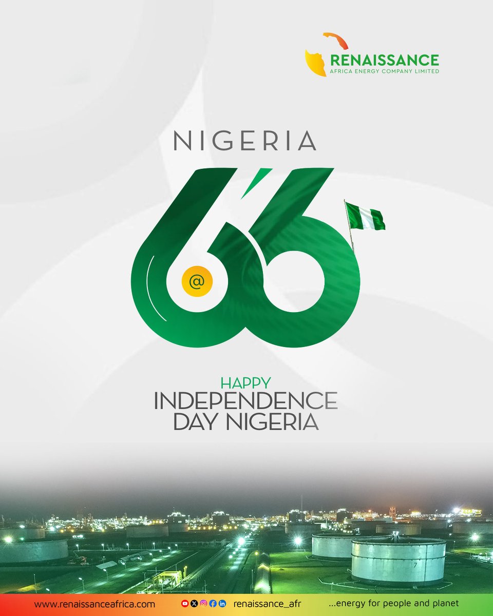 Renaissance_Afr's tweet photo. Happy Independence Day, Nigeria

Today, we celebrate Nigeria’s journey, resilience and the promise of a stronger future.

As we mark 66 years of independence, Renaissance Africa Energy Company celebrates the people, communities and shared aspirations that continue to shape our nation.

#WeAreRenaissance #Renaissance #NigeriaAt66 #IndependenceDay #EnergyForPeopleAndPlanet #EnergySecurity #Industrialisation #NigerianEnergy #AfricaEnergy #StrongerFuture