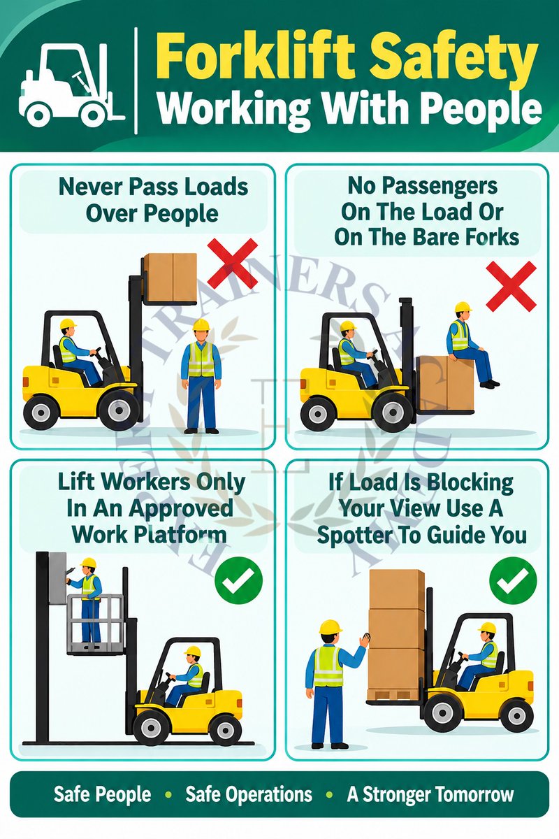 ExpertSamreen's tweet photo. ⚠️Forklift Safety: Never pass loads over people, carry passengers on forks, or operate with blocked visibility without a spotter.
LINKEDIN: https://t.co/d4WDUu3UmL
FACEBOOK: https://t.co/rbG5IFrCt5
INSTAGRAM:
https://t.co/ZBj84XoSFD
 #ForkliftSafety #HSE #SafetyFirst #SafetyFirst https://t.co/c6zTC35EjV