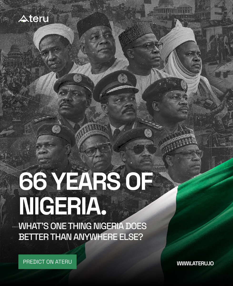 AteruHQ's tweet photo. Nigeria has its areas to improve on. But there are some things we do like nobody else.

So, what’s one thing you think Nigeria does better than anywhere else? 🇳🇬
#IndependenceDay #HappyIndependenceDay #nigeriaat66 https://t.co/2ueiZ4QIJV