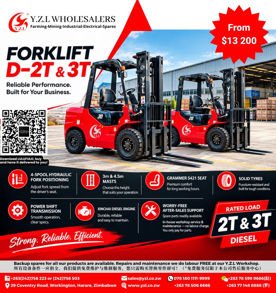 YWholesalers's tweet photo. 😃NEW AFFORDABLE, EFFICIENT AND DURABLE YZL FORKLIFTS NOW IN STOCK‼
#YZLWholesalers #farming #mining #industrial #electrical #forklifts #YZLForklifts #warehousing #pallettruck #palletstacker #electricforklifts #dieselforklifts #forkliftspares
GET IN TOUCH!!
+263 (242)756 223 https://t.co/49rEXtdcbf
