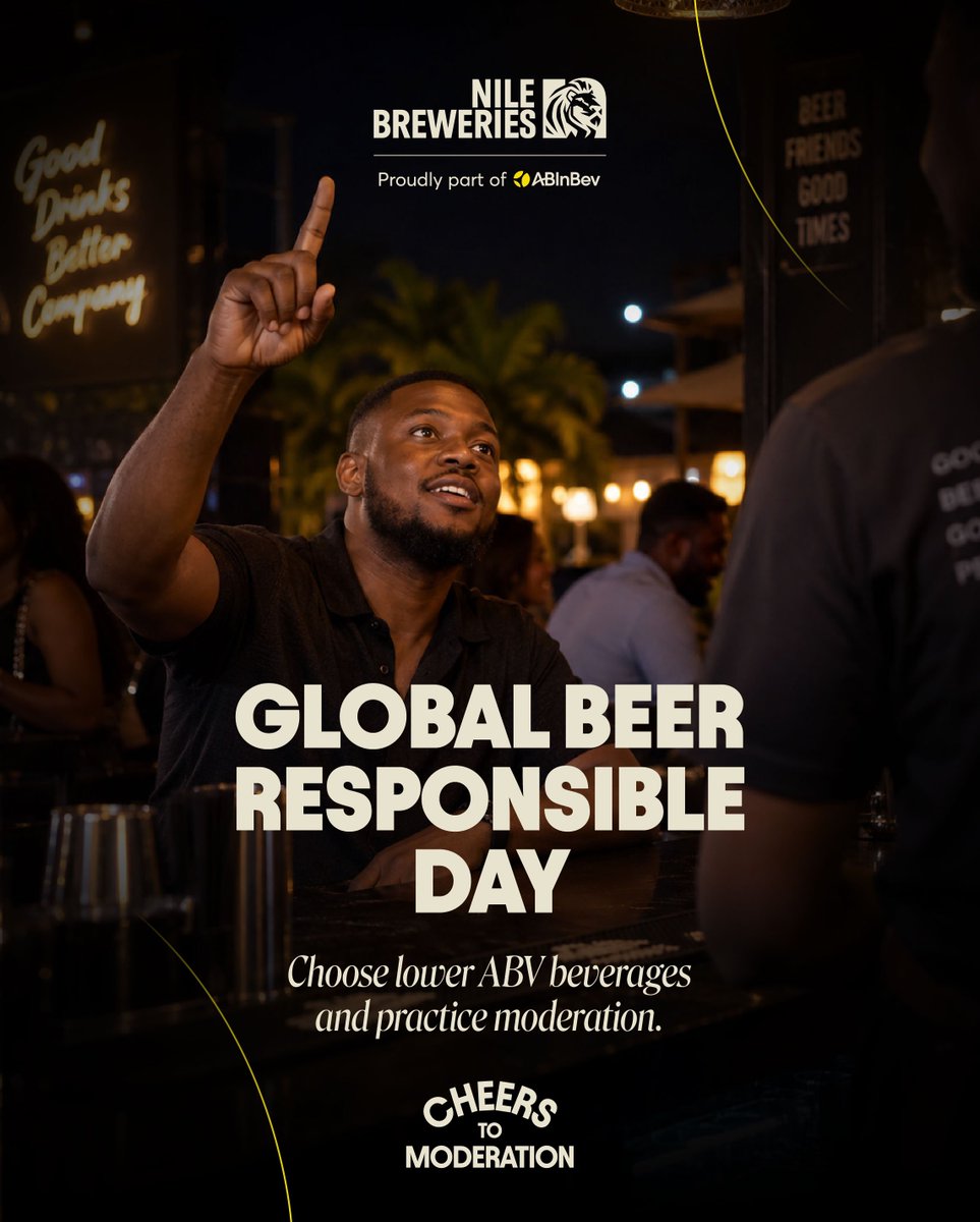 NBLUganda's tweet photo. It’s #GlobalBeerResponsibleDay. Good drinks and better company are best enjoyed in moderation! Lower the alcohol concentration, space out your drinks, and make sure the vibe stays right all night long.Drink Easy Easy #NenkyaLunaku #CheersToModeration #GBRD2026 https://t.co/tNU5Vxamb3