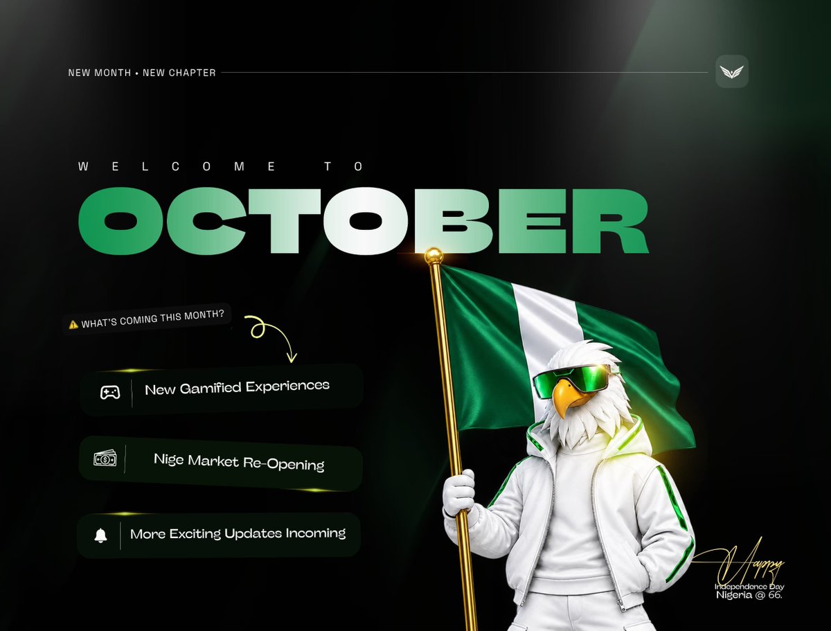 NigeOfficial's tweet photo. Happy New Month and Happy Independence Day to every member of the Nige Universe community, most especially to our Nigerian family. Today marks a celebration of resilience, identity, and the relentless pursuit of something greater, values that sit at the very heart of everything we are building here.

As we step into October, we do so with renewed energy, clear direction, and a number of exciting developments we are proud to share with you.

This month, the NigeMarket is officially reopening and members will once again be able to trade and explore everything the marketplace has to offer. We are looking forward to welcoming you back. Also, there will be consistent and accelerated payment processing, with more frequent and transparent communication from the team, new feature rollouts across the platform, and the strongest month of community engagement we have had to date.

We are aware of the journey this community has been on. We have not forgotten, and we are not standing still. October is the month where our actions speak louder than any words we could put on a page. Moving Forward, this month we are introducing the Daily Brainer — a daily crypto, finance, tech, e.t.c question available to all platform users. It is simple, engaging, and rewarding. Show up every day, answer correctly, and earn points that contribute to your standing on the platform. We believe that knowledge should pay, and the Daily Brainer is a step in that direction.

We are bringing you a collection of skill-based mini games designed to entertain, challenge, and reward the community. This includes Nige Lab, our interactive experience where curiosity meets strategy, Pocket Stefu, your pocket-sized companion game built around the Nige universe, and a series of skill-based pvp mini games that put your abilities to the test. These are not just games but they are gateways to earning, competing, and experiencing Nige in a way you never have before. More details on launch dates will follow shortly.

Thank you for staying with us. The best of Nige Universe is ahead.