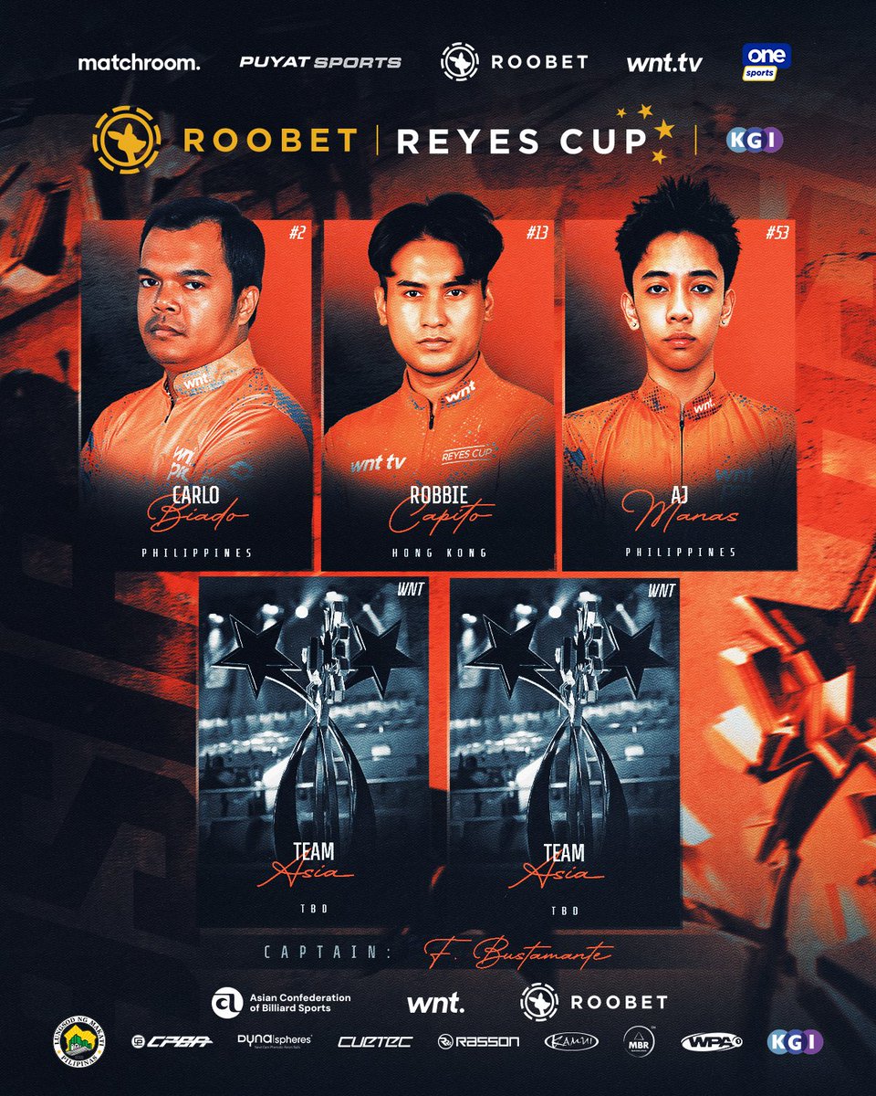MatchroomPool's tweet photo. The final two spots in Francisco Bustamante's Team Asia will be revealed next week ๐
Who do you want to see make the Roobet Reyes Cup? ๐งก
#WNT | @Roobet #ReyesCup ๐ https://t.co/4ifisyoHPe