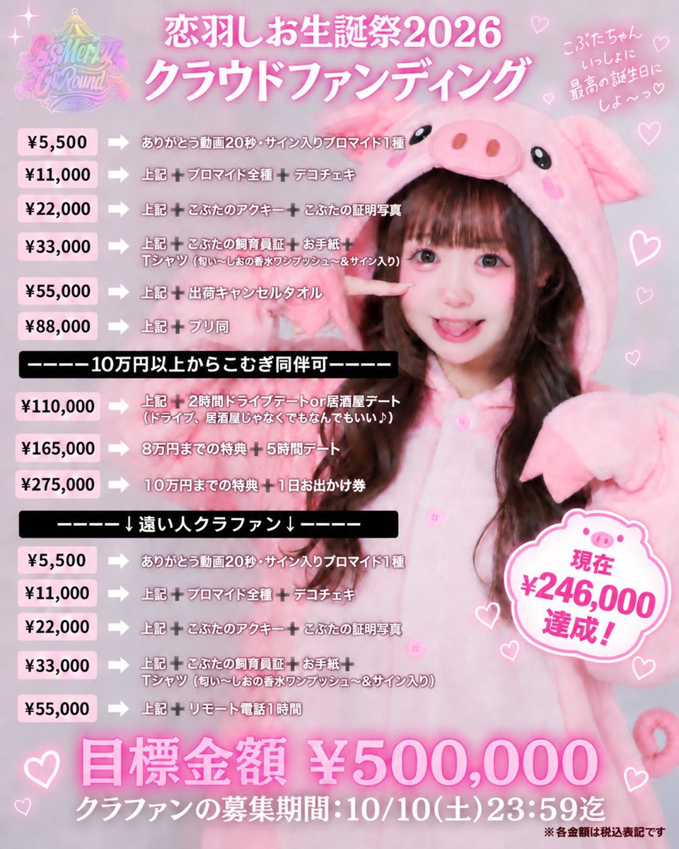 imgr_official's tweet photo. 🎀【恋羽しお生誕祭2026 クラウドファンディング】🎀

10/24(土)開催🐷💗
I’s Merry Go Round
『こぶたの大運動会 ～しおちゃん1等賞計画～』

✨現在の支援総額【246,000円】✨
🎯目標【500,000円】
🏅達成率【49.2％】

＼ 50％達成まであと4,000円‼️ ／
目標達成まであと【254,000円】🔥

たくさんのご支援、本当にありがとうございます💗
いよいよ目標の半分目前まできました！！

各プランには生誕祭ならではの特典をご用意🎁
遠方の方からご参加いただけるプランもあります✨

⏰募集締切
【10/10(土)23:59まで】

🎁ご支援・プラン詳細はこちら
https://t.co/d0Ca5uotUC…

しおちゃんの生誕祭を最高の1日にするために🐷🏆💗
引き続き応援よろしくお願いいたします！

#恋羽しお生誕祭2026
#アイメリ