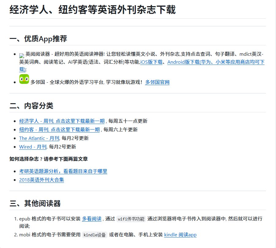 Manorgw's tweet photo. 学英语最耗时间的，其实不是背单词。

是每天晚上翻来覆去找阅读材料，结果一篇没读。

GitHub 上有个宝藏库，把《经济学人》《纽约客》《连线》《大西洋月刊》《卫报》这些热门英文杂志全整理好了，PDF、EPUB、MOBI 都有，下完就能看。

🔗 https://t.co/MKt4XCFFiw

很多人学几年都坚持不下来，不是脑子笨，是看的东西太无聊。

与其抱着背单词 App 啃，不如直接读你感兴趣的，科技、商业、时事、人物报道，这仓库都帮你备齐了。

数万 Star，还一直在更新，想长期读英文的，存了别丢。