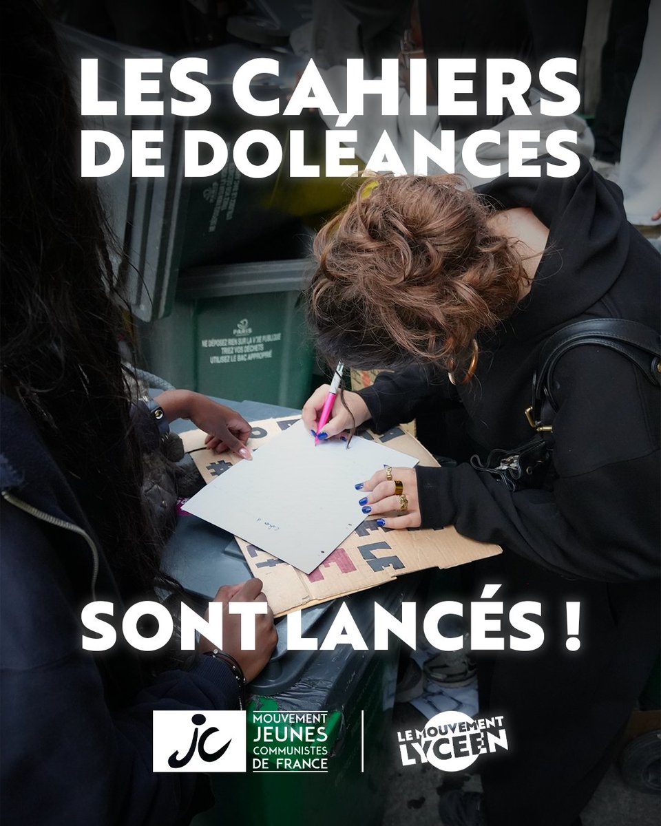 _MJCF's tweet photo. 📢 LANCEMENT DES CAHIERS DE DOLÉANCES DANS LES LYCÉES DE FRANCE

Le MJCF lance les cahiers de doléances dans les lycées de France. Un espace pour que chaque élève puisse écrire ce qui ne va pas dans son établissement, et ce qu’il exige pour que ça change ! https://t.co/Z0ohm3G8ib