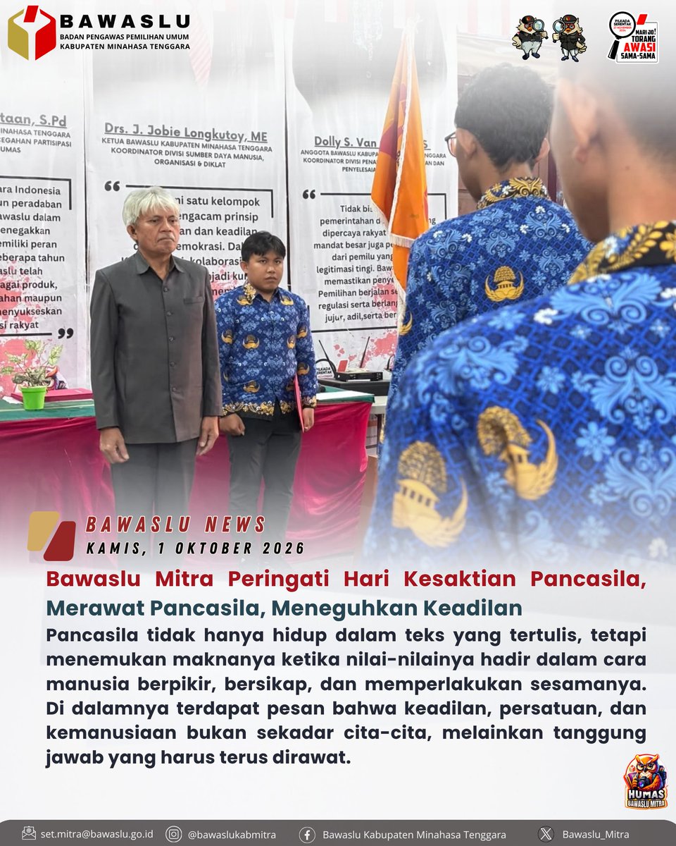 Bawaslu_mitra's tweet photo. Bawaslu Mitra peringatan Hari Kesaktian Pancasila yang dilaksanakan oleh jajaran Bawaslu Kabupaten Minahasa Tenggara, Kamis (1/10/2026), di halaman Sekretariat Bawaslu Kabupaten Minahasa Tenggara.

Selengkapnya : https://t.co/AkhxyFHtWk

#hariKesaktianPacasila https://t.co/Tx2zIuR9qs
