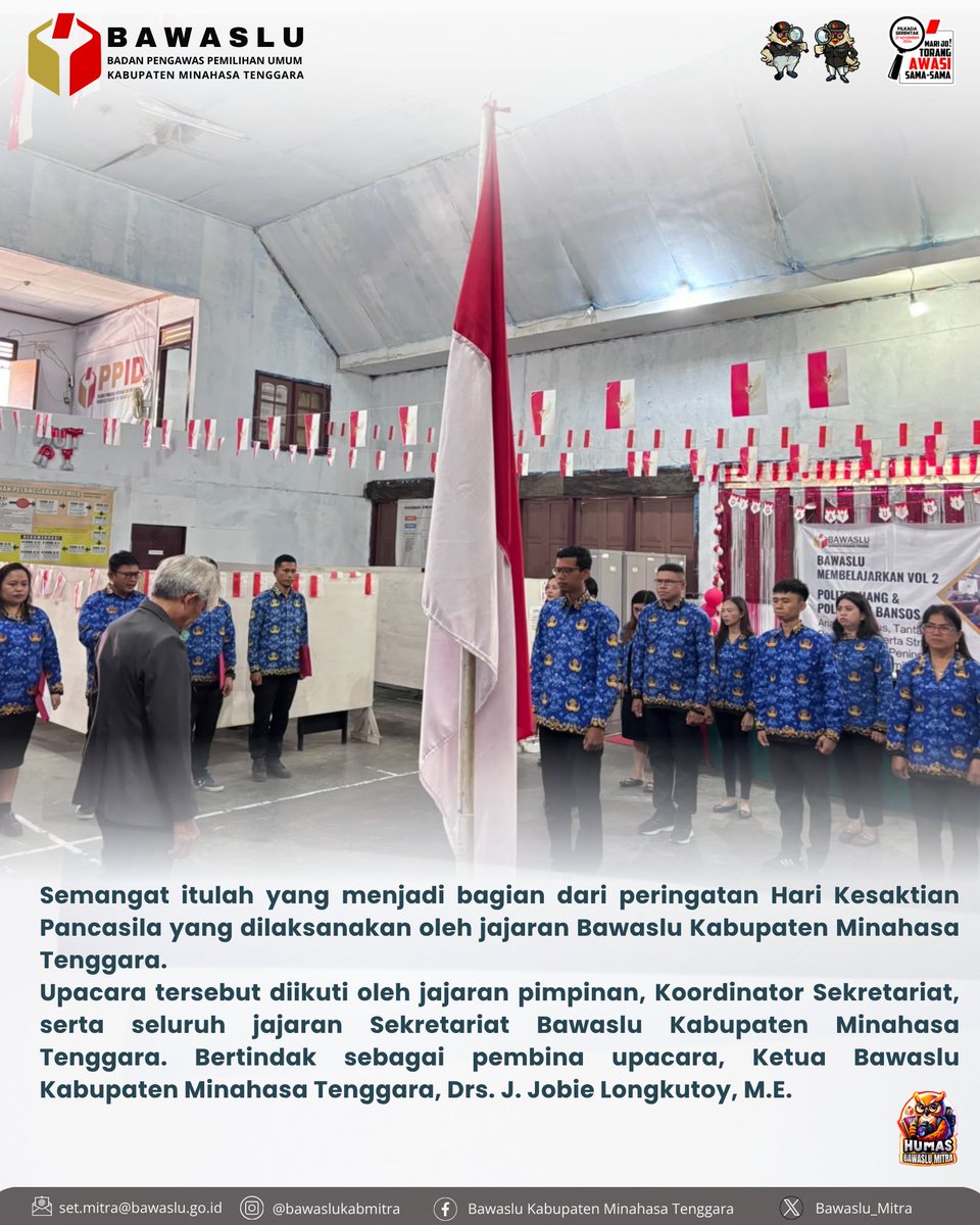 Bawaslu_mitra's tweet photo. Bawaslu Mitra peringatan Hari Kesaktian Pancasila yang dilaksanakan oleh jajaran Bawaslu Kabupaten Minahasa Tenggara, Kamis (1/10/2026), di halaman Sekretariat Bawaslu Kabupaten Minahasa Tenggara.

Selengkapnya : https://t.co/AkhxyFHtWk

#hariKesaktianPacasila https://t.co/Tx2zIuR9qs