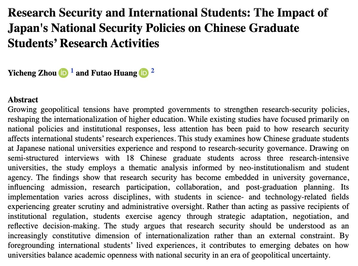 jsinted's tweet photo. Research security &amp; international students: the impact of Japan's national security policies on Chinese graduate students’ research ac…

Yicheng Zhou &amp; Futao Huang

→ https://t.co/pGGAfcH6D2

#ResearchSecurity #Internationalization #HigherEd #Geopolitics #Japan #ChineseStudents https://t.co/n3TSwB7y2f