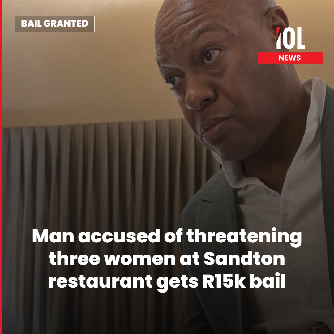 IOL's tweet photo. A man accused of entering the women's toilets at a Sandton restaurant, demanding to photograph a witness and threatening three people with death, has been released on R15,000 bail.
Read on https://t.co/Xsa5sQDWLG 
#news #BailGranted #ThreatenPeople #SandtonRestaurant #CourtCase https://t.co/OVzeNQAbMK