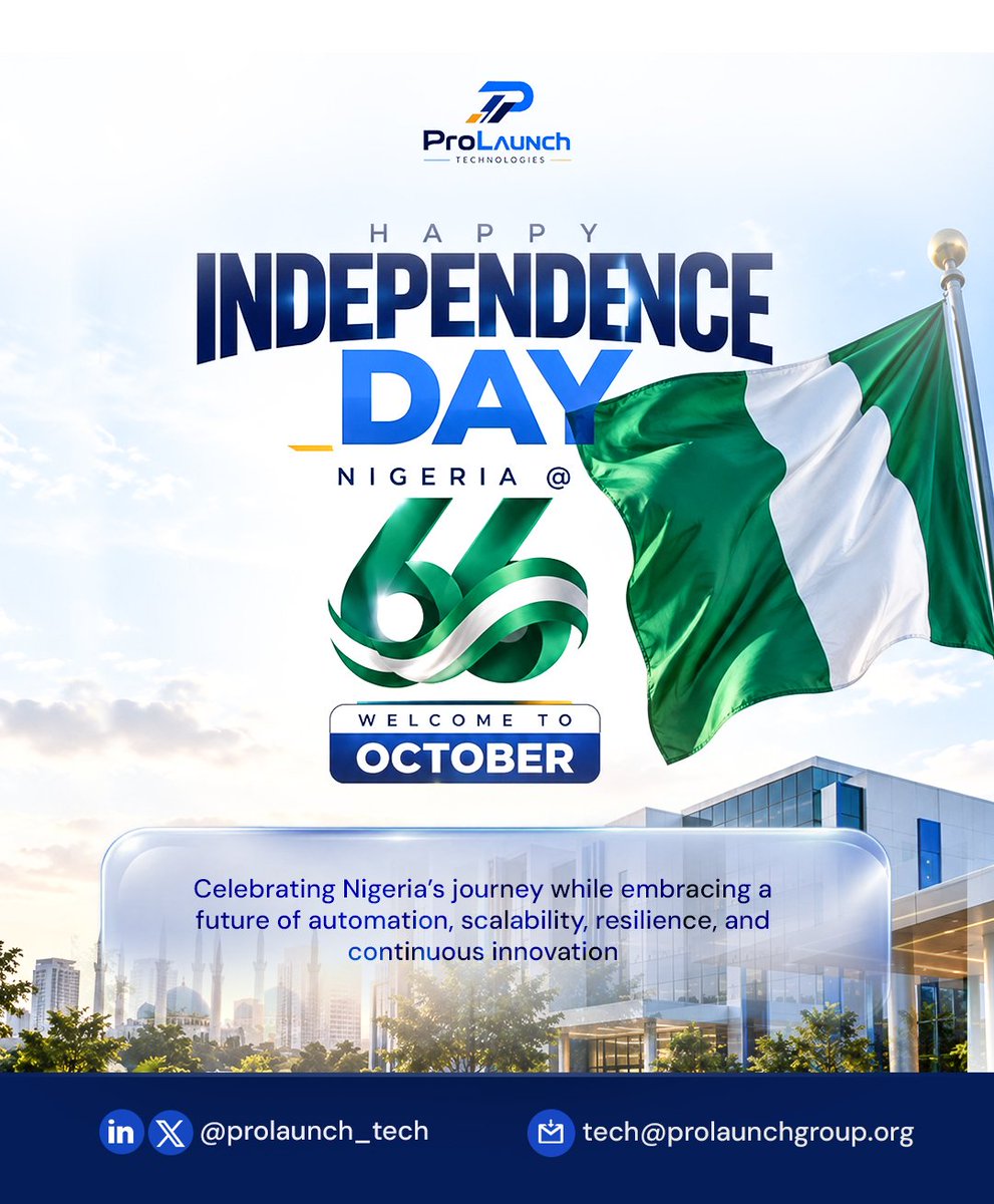 ProlaunchTech's tweet photo. Today, we celebrate our resilience, creativity, and limitless potential.

At ProLaunch Technologies, we believe in building a smarter future through technology, innovation, and automation.
Here’s to a stronger Nigeria and a future full of possibilities. 💚🇳🇬
#IndependenceDay https://t.co/8kqjrqqoO2