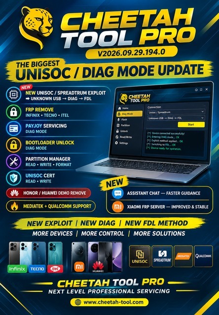 UzairC82745's tweet photo. Cheetah Tool PRO V2026.09.29.194.1
Download Link: https://t.co/mLPElmUDSA
NEW UNISOC / SPREADTRUM EXPLOIT
UNKNOWN USB → DIAG → FDL
FRP REMOVE — INFINIX • TECNO • ITEL
PAYJOY SERVICING — DIAG MODE
#CheetahTool #FRPRemove #Infinix #Tecno #PaidTool https://t.co/WupdUAp51V