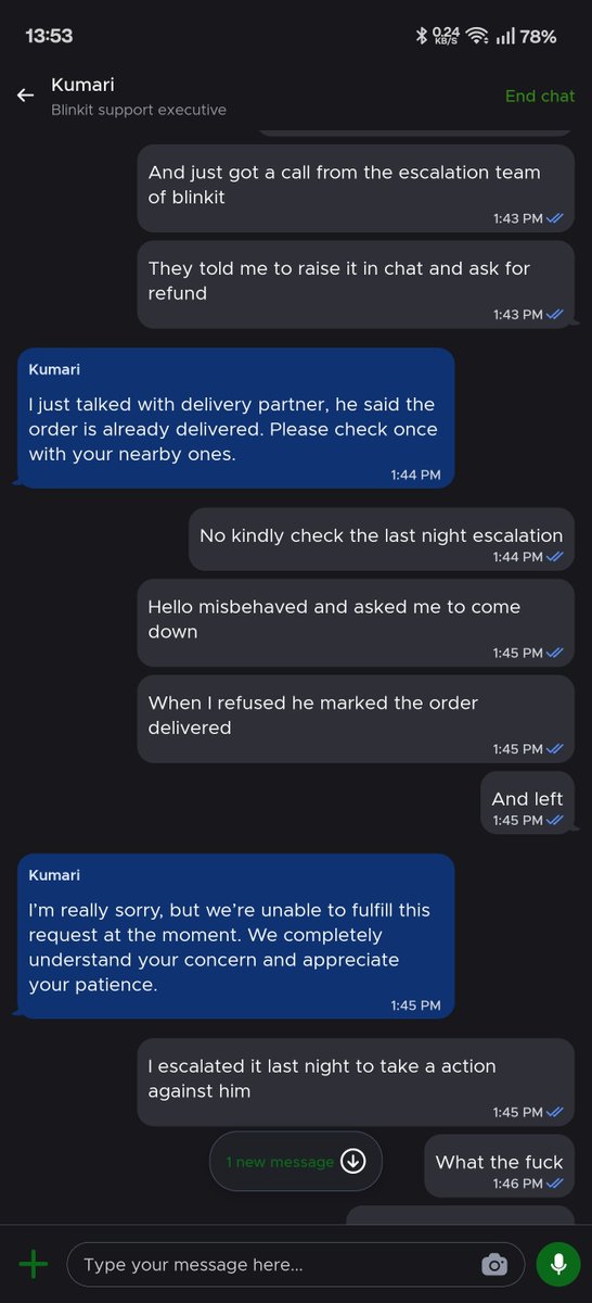 KGoswami42472's tweet photo. Last night, your delivery partner misbehaved with me and insisted that I come downstairs to collect my order. When I refused, he falsely marked the order as “Delivered” without delivering it. This is completely unacceptable. Kindly check and take action against him @blinkitcares https://t.co/KVeJo9YydA