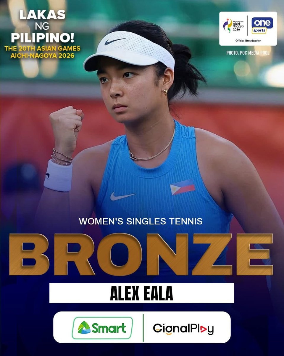 OneSportsPHL's tweet photo. BACK-TO-BACK BRONZE FOR ALEX 🥉🇵🇭

Alex Eala secures another women’s singles bronze medal at the Asian Games after falling to China’s Wang Xiyu in the semifinals, matching her podium finish from the 2023 Hangzhou Asian Games and adding another medal to Team Philippines’ haul in Aichi-Nagoya.

Cignal is the official broadcaster of the 20th Asian Games Aichi-Nagoya 2026.

📺 Catch all the Asian Games action on Cignal Play, the One Sports YouTube channel, and other Cignal platforms from September 10 to October 4. 🇵🇭🔥

#AichiNagoya2026 #20thAsianGames #LakasNgPilipino #AlexEala