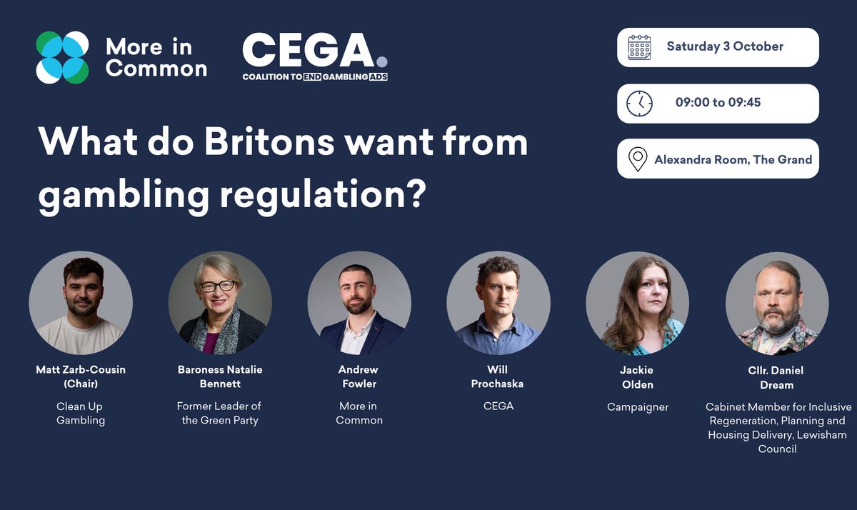 EndGamblingAds's tweet photo. Will you be at the Green Party Conference this weekend?

If so, join our event with @Moreincommon_ with a great lineup of panellists, including @natalieben, @mattzarb, @Jackie_olden1, @WillProchaska, Andrew Fowler, and Daniel Dream. https://t.co/F4R90MFLSF