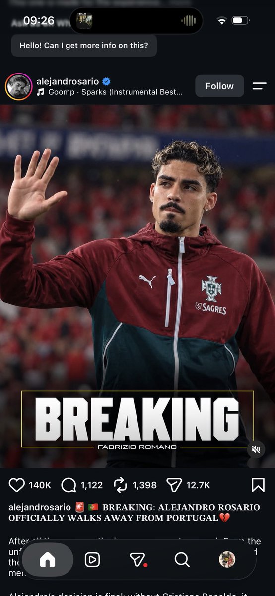 Afc_Nels20's tweet photo. 🚨: ALEJANDRO ROSARIO walks away from the Portugal team. It’s all falling apart 💔 https://t.co/tIPJJoeonf