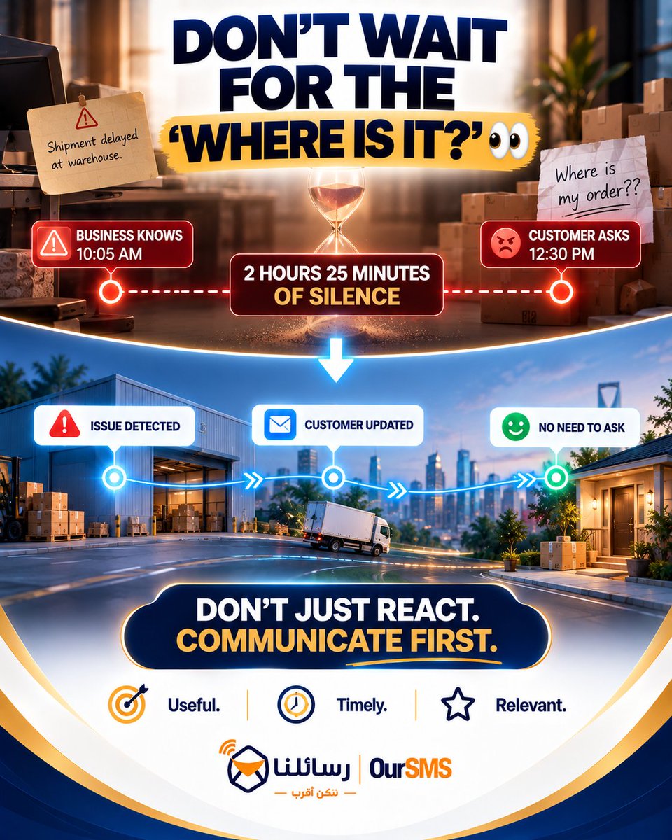 oursms's tweet photo. Reactive Service:

😡 مشكلة
→ 📞 العميل يتواصل
→ 🔎 نبحث
→ 🛠️ نحل
Proactive Service:
⚠️ نكتشف المشكلة
→ 📲 نبلغ العميل
→ 🎯 نعطيه الخطوة التالية
السؤال مش دايمًا:

"إزاي نرد أسرع؟"

أحيانًا:
إزاي نخليه ميحتاجش يسأل؟
#رسائلنا #CX #CustomerService #BusinessMessaging https://t.co/HV72ZXvUAH