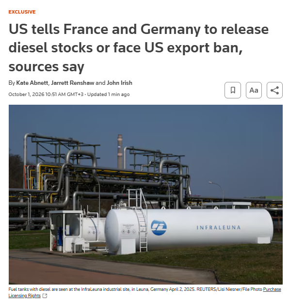 clashreport's tweet photo. NEW: The Trump administration has told France and Germany to release emergency diesel stocks or risk a U.S. diesel export ban.
The U.S. wants the EU to release about 120 million barrels of diesel over six months as Trump seeks to lower fuel prices ahead of the November midterms.
Source: Reuters