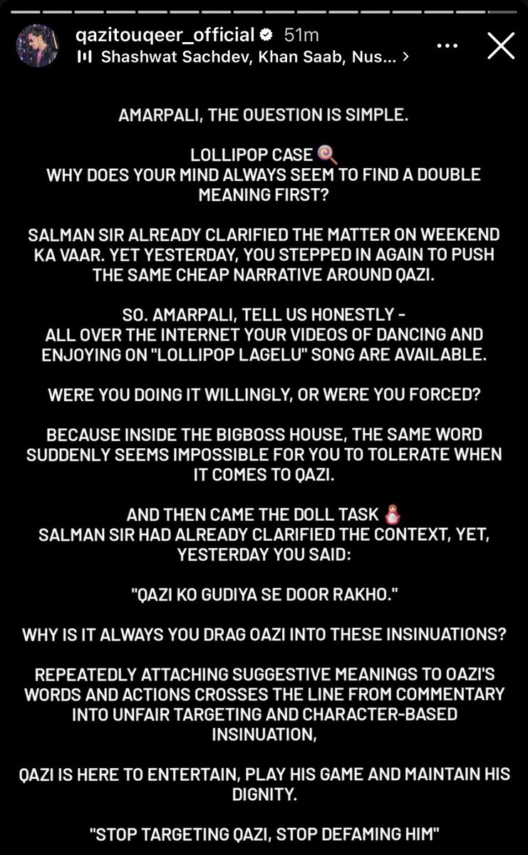 digital_newshub's tweet photo. 🚨 Qazi’s team takes a strong dig at Amrapali over her repeated remarks about the “Lollipop” controversy, questioning why she continues to attach double meanings to Qazi’s words and actions even after Salman Khan had already clarified the context on Weekend Ka Vaar. They also brought up her “Qazi ko gudiya se door rakho” remark and her past videos on the “Lollipop Lagelu” song, calling out what they describe as repeated targeting and character-based insinuations against Qazi. 🔥

#BiggBoss20 #QaziTouqeer #BB20