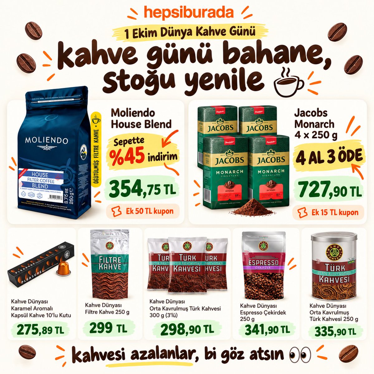 Guldehann_'s tweet photo. kahve günü değil stok yapma günü olmuş ☕️ hepsiburada’ya bi bakın, kahve stoğu azalanlara duyurulur 

görsele tıklayarak tüm listeye bakabilirsiniz. tanıtım reklam