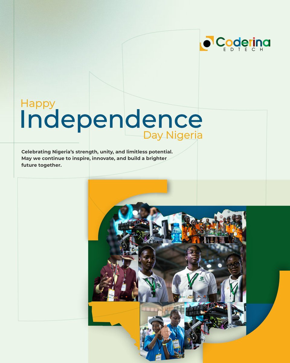 coderina's tweet photo. 🇳🇬 Happy Independence Day, Nigeria!

Today, we celebrate our strength, diversity, and the possibilities of a brighter future. 

Here’s to a stronger Nigeria. 💚
#IndependenceDay #NigeriaAt65 #Coderina https://t.co/OeeeJDyjPW