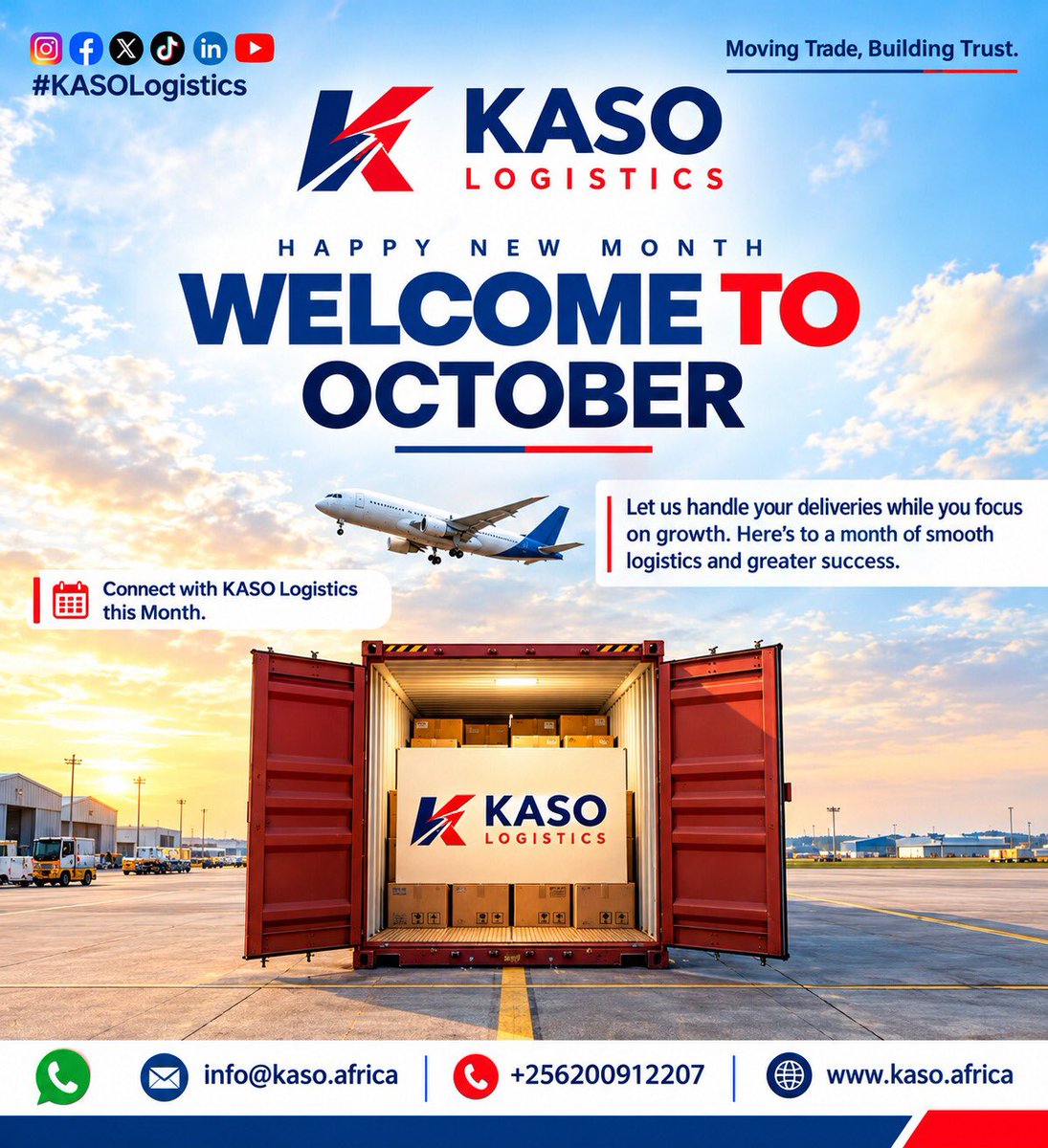 kaso_logistics's tweet photo. 🍂 Hello, October! New month. New opportunities. 🌍✨

You focus on growth. We keep your cargo moving—seamlessly, reliably, and on time. 🚛📦

📲 +256 200 912 207
📧 info@kaso.africa

#HappyNewMonth #KASOLogistics #Logistics #FreightForwarding #CustomsClearance #October https://t.co/DMQCQFzv6D
