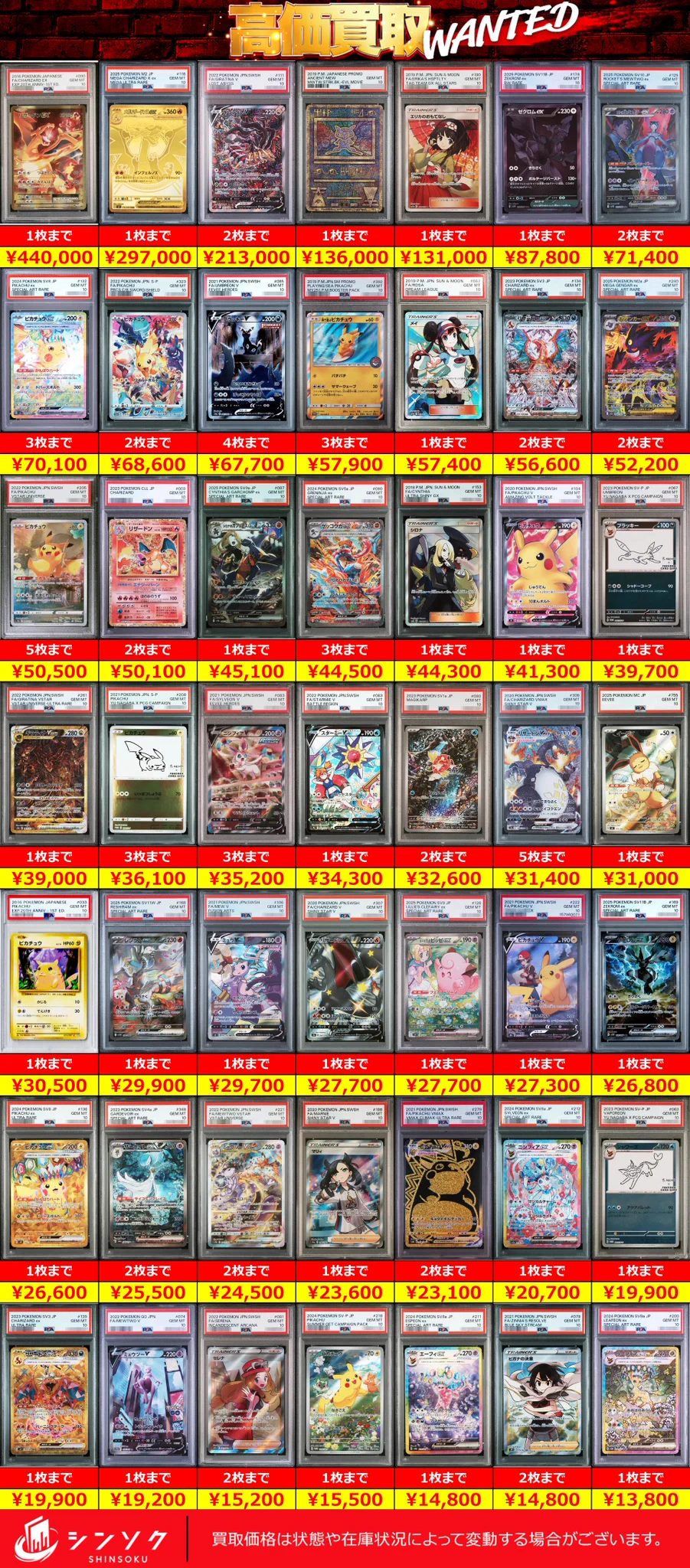 PSA鑑定 コレクション整理　まとめ売り シンソク買取表@ポケカ ワンピ 遊戯王 PSA鑑定品 on X: 