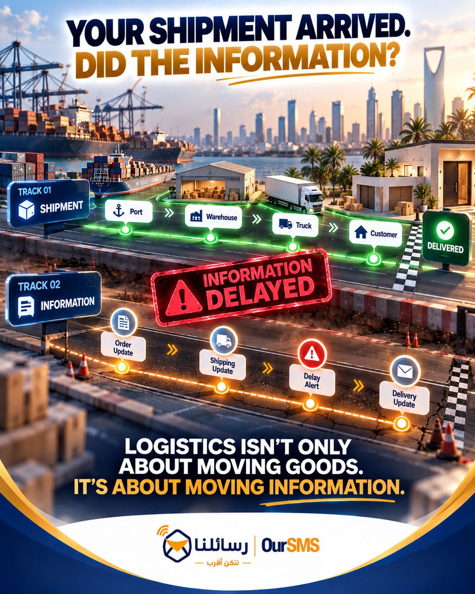 oursms's tweet photo. في اللوجستيات فيه شحنتين بتتحرك:

📦 المنتج
📲 المعلومة
ممكن المنتج يوصل في الوقت الصح...

لكن لو العميل قضى الرحلة كلها بيسأل "فين طلبي؟"

فالمعلومة وصلت متأخرة.

Move the Shipment.
Move the Information.

#رسائلنا #Logistics #SaudiMaritimeLogisticsCongress #Jeddah https://t.co/RMN76yfrAl
