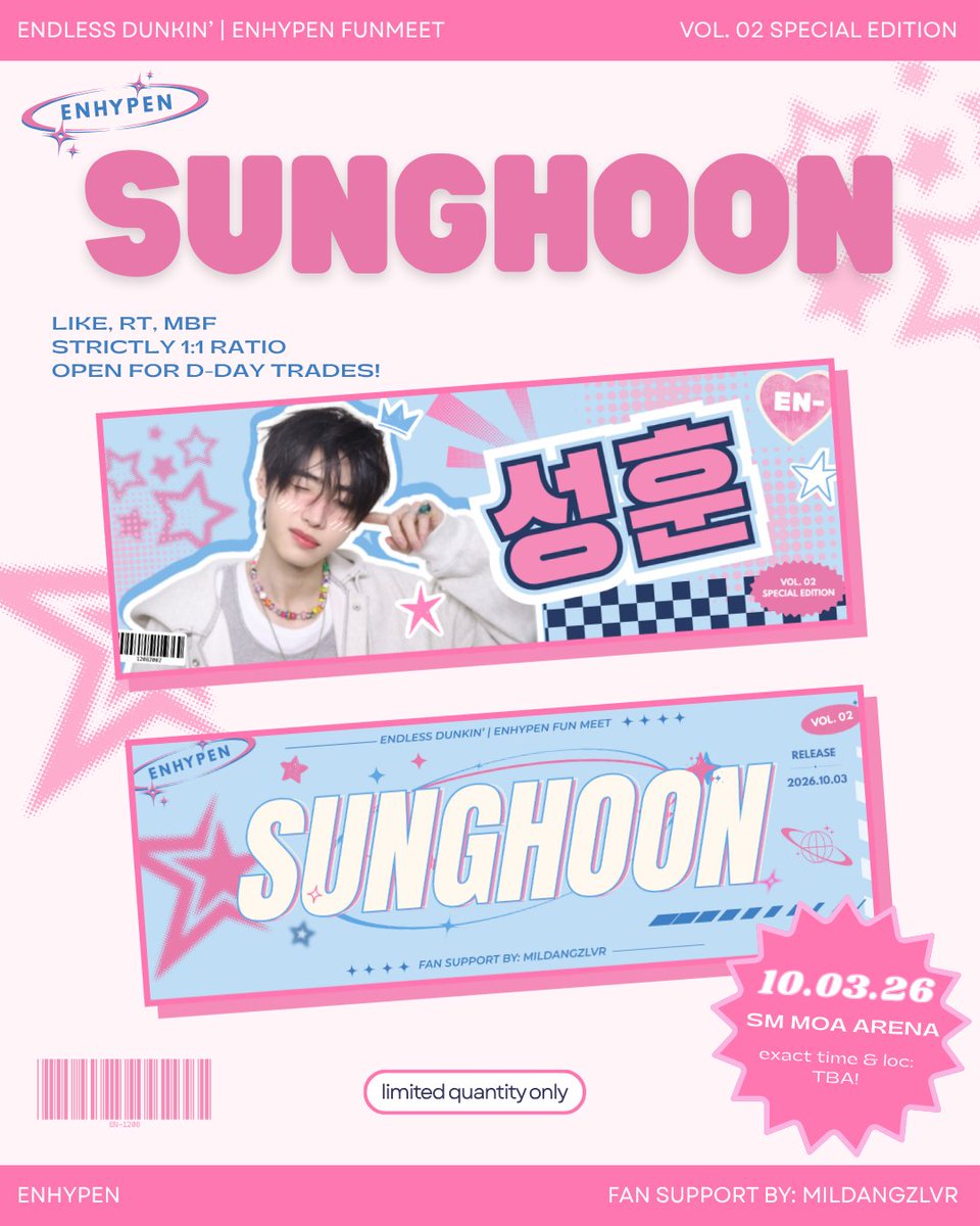 mildangzlvr's tweet photo. 𝐄𝐍𝐃𝐋𝐄𝐒𝐒 𝐃𝐔𝐍𝐊𝐈𝐍’ 𝐄𝐍𝐇𝐘𝐏𝐄𝐍 𝐅𝐔𝐍𝐌𝐄𝐄𝐓

˙⋆✮ 𝐒𝐔𝐍𝐆𝐇𝐎𝐎𝐍 // 𝟎𝟎𝟐 ˙⋆✮

⤷ fan support by: @mildangzlvr

✮ like, rt &amp; mbf
✮ strictly 1:1 ratio
✮ open for on the spot trades
✮ exact loc &amp; time: tba

#DunkinPH_ENDLESS #ENDLESSFunMeet #ENHYPEN https://t.co/rrF0LCYKi6