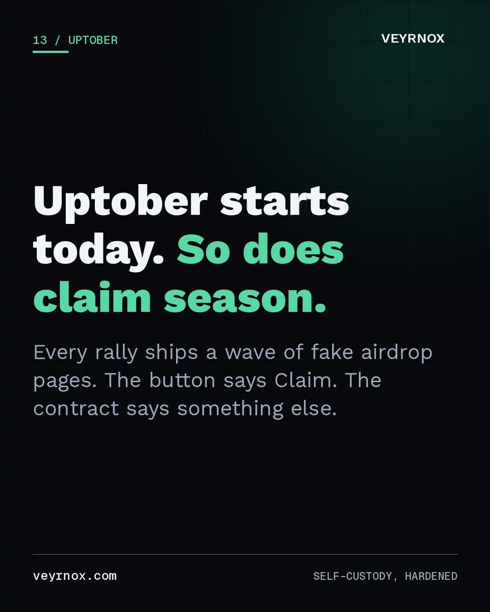 VeyrnoxWallet's tweet photo. Uptober starts today. So does claim season. 🎁

Every rally brings token launches and airdrops, and right behind them, a wave of fake claim pages copied pixel for pixel.

The button says Claim. The contract underneath can say something very different.

Today: reading what you're really signing.

#uptober #crypto #airdrop