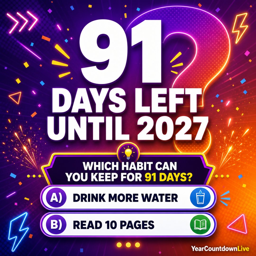 GlobalYearLive's tweet photo. 91 days until 2027! 🎯 New Year Quiz: Which habit could you keep for the next 91 days—drink more water, read 10 pages, or take a daily walk? #YearCountdownLive #NewYearCountdown https://t.co/DBX1P8B4fQ