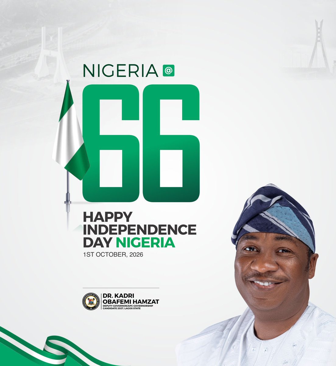 drobafemihamzat's tweet photo. Today, I join Nigerians at home and around the world in celebrating our 66th Independence Anniversary.

For 66 years, we have grown, learned and overcome challenges, drawing strength from the resilience and determination of our people.

We all have a role to play in building the Nigeria we want. It starts with how we treat one another, the values we uphold, and our commitment to leaving a better country for the next generation.

There is still much work to do, but I remain confident in what we can achieve when we put Nigeria first and work together with purpose.

Let us keep believing. Let us keep building. Let us keep moving Nigeria forward.

Happy 66th Independence Anniversary, Nigeria. 

God bless the Federal Republic of Nigeria.