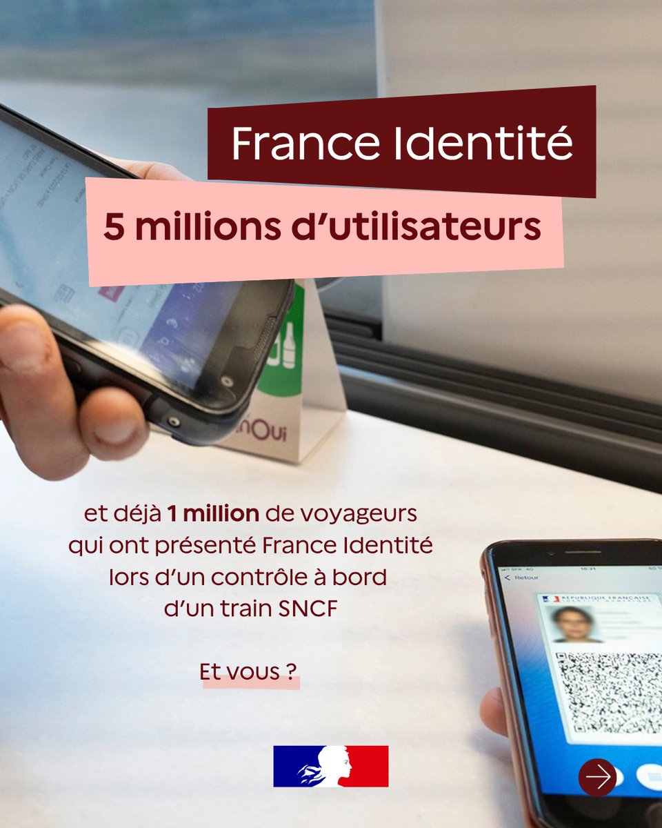 france_identite's tweet photo. 🚅 5 millions d'utilisateurs, c'est aussi 1 million de voyageurs des trains @SNCFVoyageurs qui ont pu justifier de leur droit à voyager directement depuis l'application France Identité sans avoir à sortir leurs documents papier

Plus d'infos 👉 https://t.co/Z23VL8x1gH https://t.co/4UWI4qi3sj