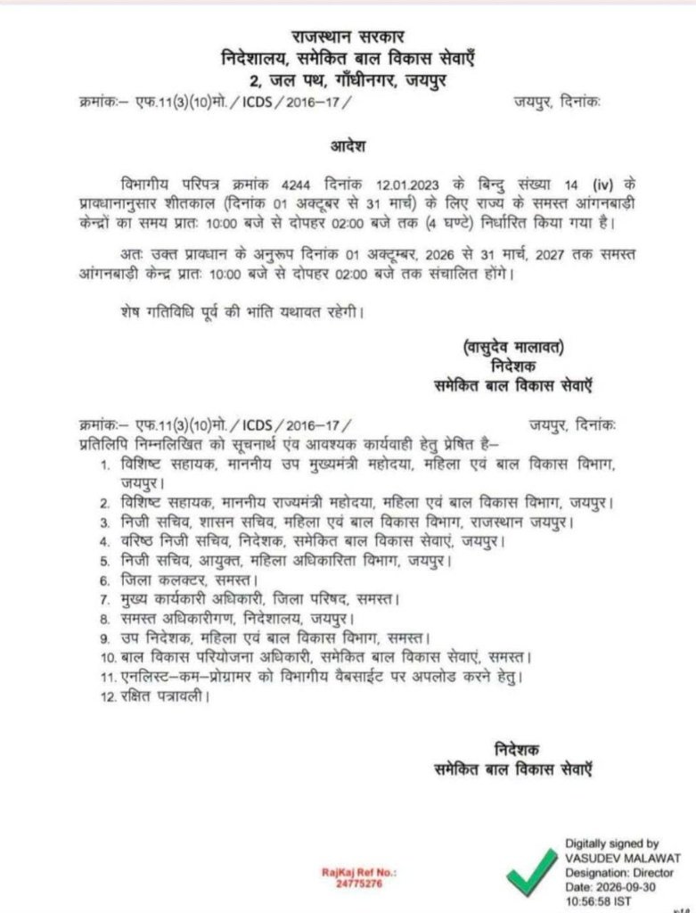 ExposeNowNews's tweet photo. राजस्थान में सर्दियों के मौसम को देखते हुए 1 अक्टूबर 2026 से 31 मार्च 2027 तक सभी आंगनबाड़ी केंद्रों का समय बदलकर सुबह 10 बजे से दोपहर 2 बजे तक कर दिया गया है।
#Rajasthan #Anganwadi #WinterTiming https://t.co/NLOPjJyCVe