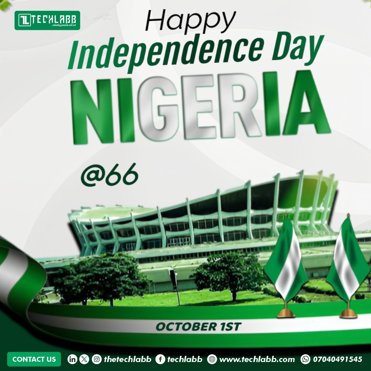 thetechlabb's tweet photo. Happy Independence Day, Nigeria! π³π¬
66 years of resilience, hope. From all of us at Techlabb, we're proud to be part of the story.
Happy New Month, May October bring us growth and opportunities. π
#IndependenceDay #HappyNewMonth #Nigeria #Techlabb https://t.co/CaXPxcFAHg