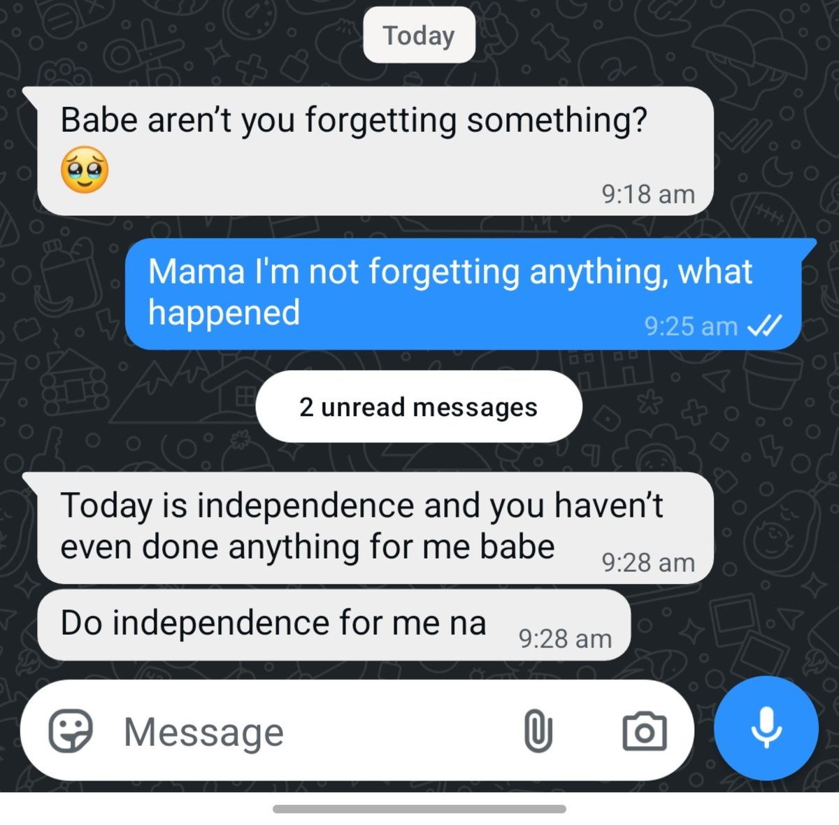 XRandomguy00's tweet photo. Omooo my babe dun start again o,, shey na my papa born Nigeria wey dy celebrate independence today or shey na my papa be President Tinubu? 🤦🏼‍♂️ https://t.co/xAR6KmUSrC