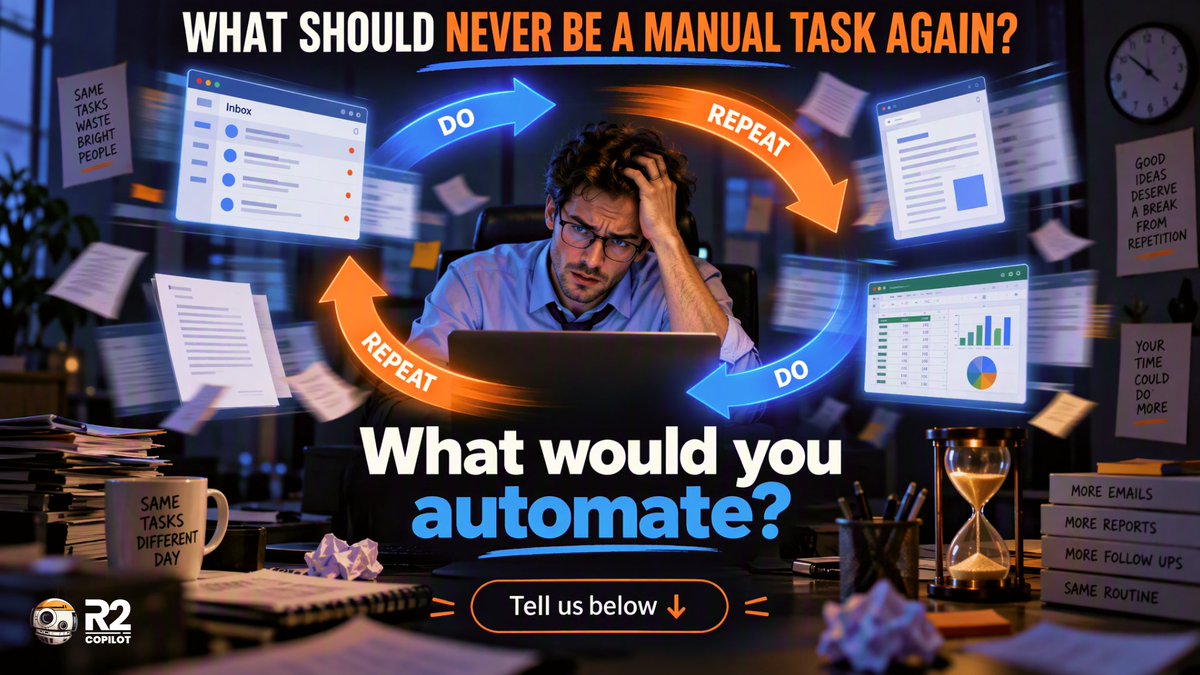 R2Copilot's tweet photo. What should never be a manual task again?

What’s one task your team still does manually every day?

Drop it below 👇

We’ll show how AI could help automate it with R2 Copilot.

👉 https://t.co/h8ZV4YYHQI https://t.co/i0O0KtIvgr