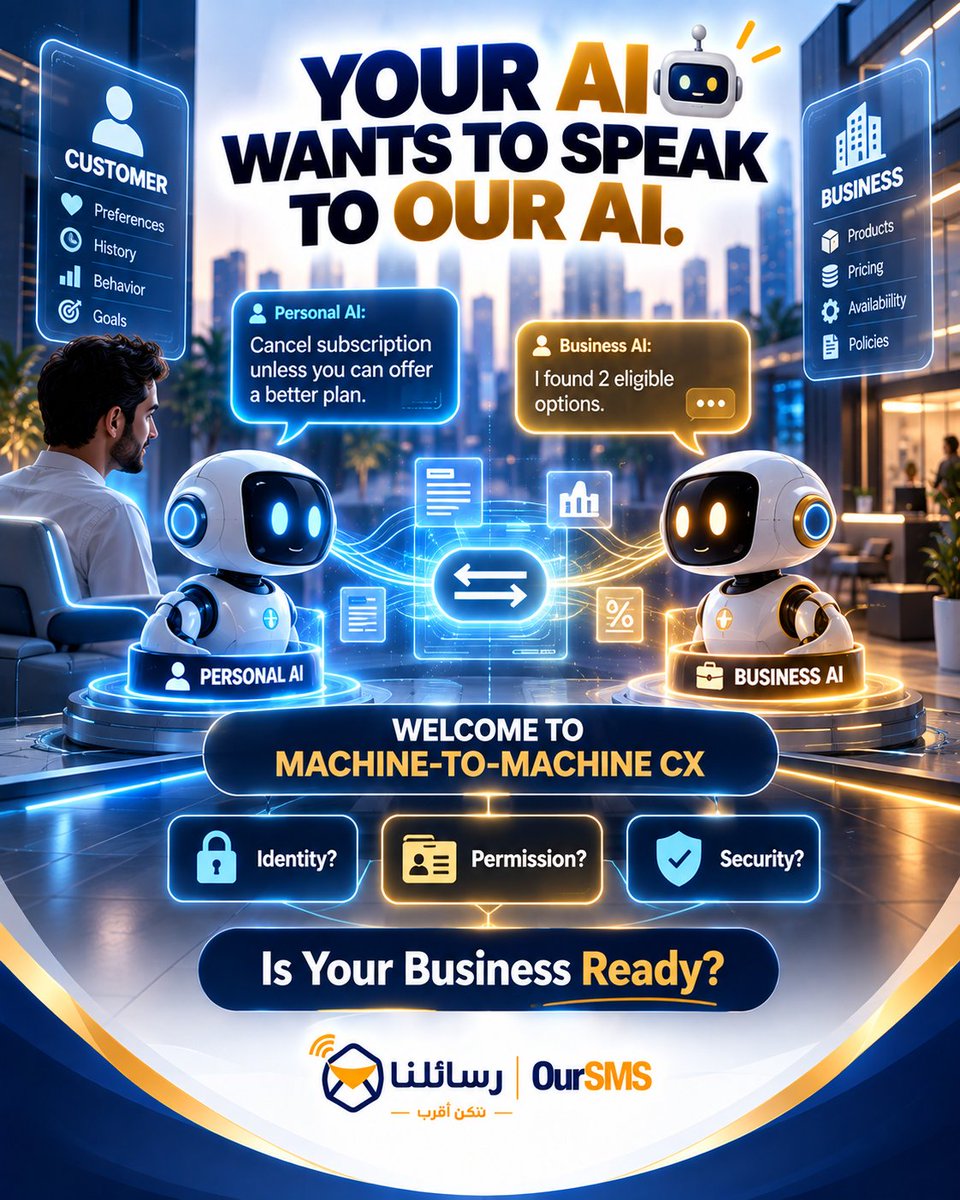 oursms's tweet photo. مستقبل خدمة العملاء ممكن يبقى:

👤 العميل
↓
🤖 AI Agent بتاعه
↕️
🤖 AI Agent بتاع الشركة
↓
👨‍💼 إنسان عند الحاجة
والسؤال الجديد للشركات:
إزاي نعرف إن الـAI مخوّل فعلًا يتصرف باسم العميل؟ 🔐
AI ↔️ AI قد يصبح جزءًا من CX.
#رسائلنا #AIAgents #AgenticAI #CX #AI https://t.co/q6XuucGQqk