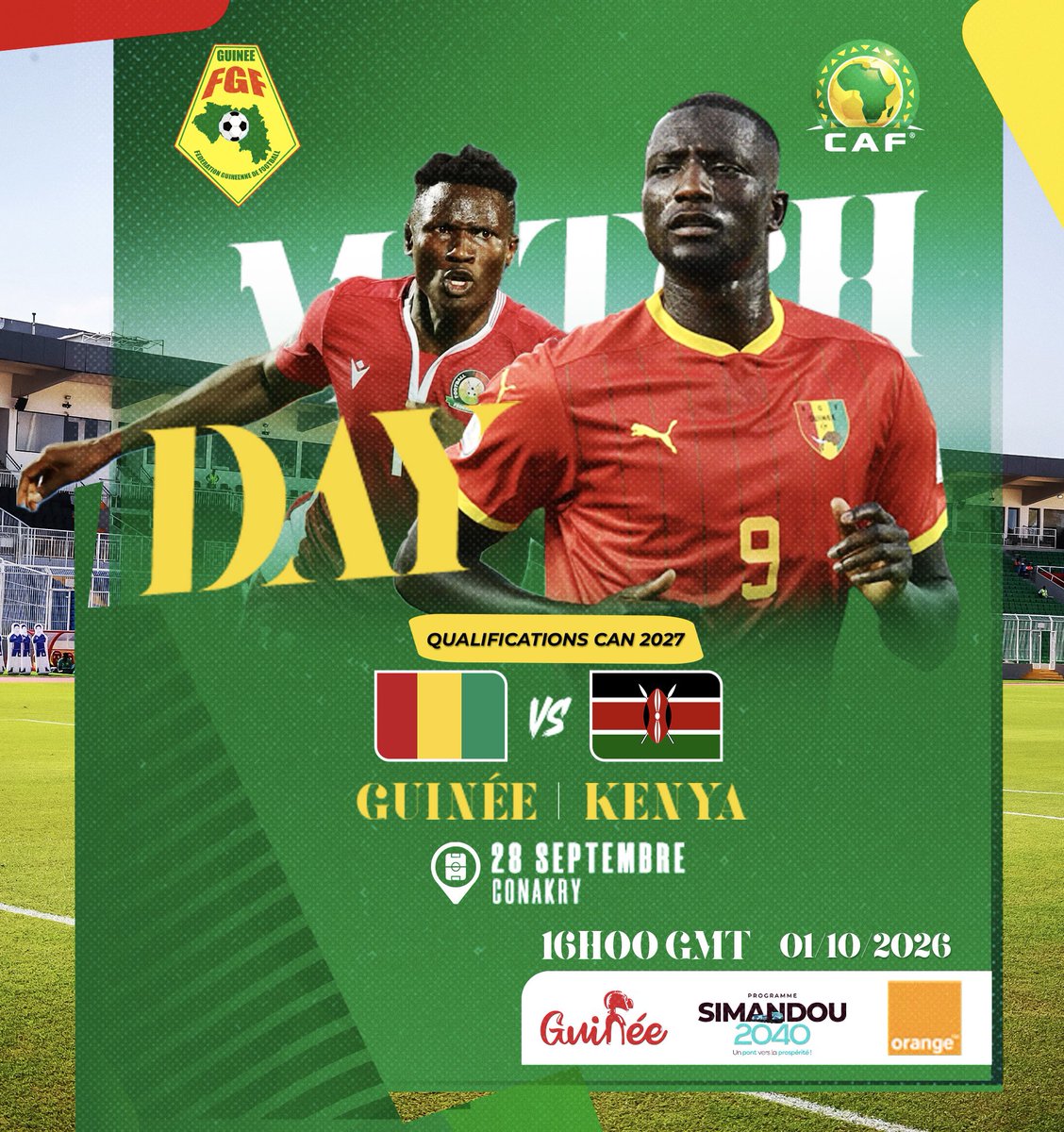 fgfofficiel's tweet photo. 𝗝𝗢𝗨𝗥 𝗗𝗘 𝗠𝗔𝗧𝗖𝗛
🏆 Qualifications CAN 2027
🆚 Kenya
🏟️ Stade du 28 Septembre
⏰ 16h GMT
📺 RTG
𝙂𝘽𝙄𝙉𝙂𝘽𝙄𝙉𝙎𝙊 🐘🇬🇳
#SyliNational #GbinGbinSo #elimcantotalenergie2027 https://t.co/JAP4AtekXF