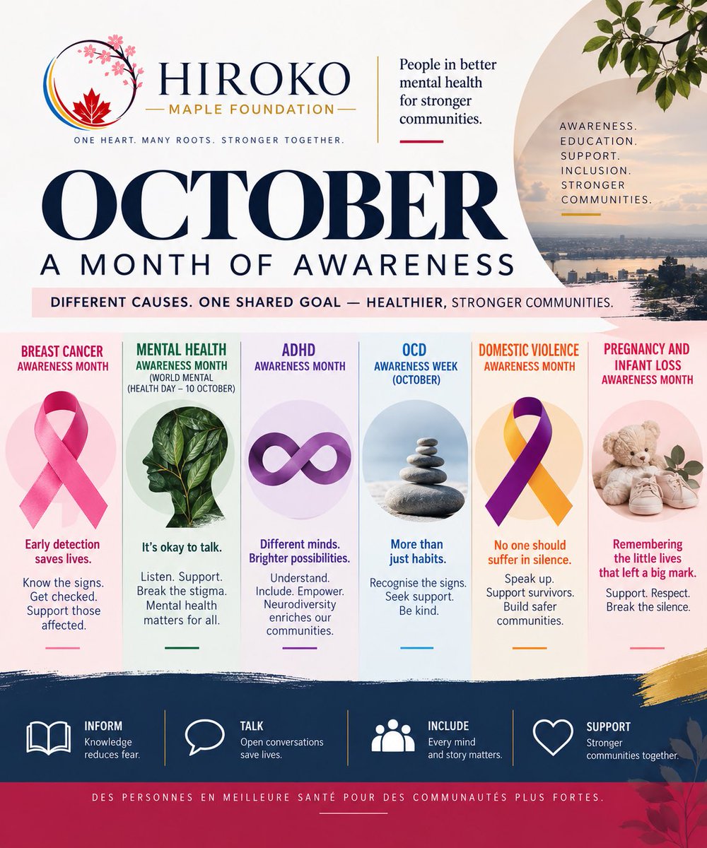 HMFDRC's tweet photo. 🍂 Bienvenue Octobre ! Un nouveau mois, une nouvelle occasion d’apprendre, de comprendre et de prendre soin les uns des autres. 💛

Octobre nous invite à porter notre attention sur plusieurs causes importantes : 🎀 Octobre Rose – sensibilisation au cancer du sein, 🧠 Journée mondiale de la santé mentale – 10 octobre, ♾️ Mois de sensibilisation au TDAH, mais aussi la sensibilisation aux TOC, 💜 aux violences faites aux femmes et violences domestiques, ainsi qu’au 🕊️ deuil périnatal.

Tout au long du mois, HIROKO Maple Foundation ouvrira le dialogue autour de ces sujets non seulement pour sensibiliser, mais surtout pour mieux comprendre : comment reconnaître, comment écouter, comment soutenir et comment agir.

Car mieux comprendre les autres, c’est aussi mieux savoir les accompagner.

💙 Ce mois d’octobre, HIROKO vous invite à faire partie de la conversation. Informez-vous. Partagez. Posez des questions. Combattez les préjugés. Prenez des nouvelles de quelqu’un. Apprenez à reconnaître les signes qui peuvent indiquer qu’une personne a besoin de soutien.

Et surtout, aidons-nous à faire sortir ces conversations des réseaux sociaux pour les faire entrer dans nos familles, nos lieux de travail et nos communautés.

La sensibilisation ouvre la voie au changement. Ensemble, transformons la connaissance en compréhension et la compréhension en action.

🌸 One Heart. Many Roots. Stronger Together.

#HirokoMapleFoundation #BienvenueOctobre #Sensibilisation #SantéMentale #Prévention #CommunautésPlusFortes