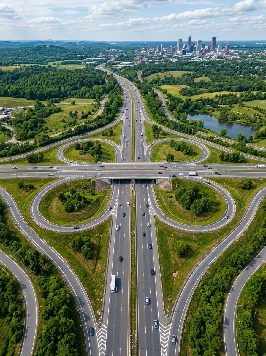 CivilEngDis's tweet photo. Cloverleaf Interchange: A four-way design that uses circular loop ramps for left-hand turns. It lets traffic flow continuously without any traffic signals, but it requires a lot of space and can cause traffic weaving issues where merging cars cross paths. https://t.co/RFAQghN2Zk