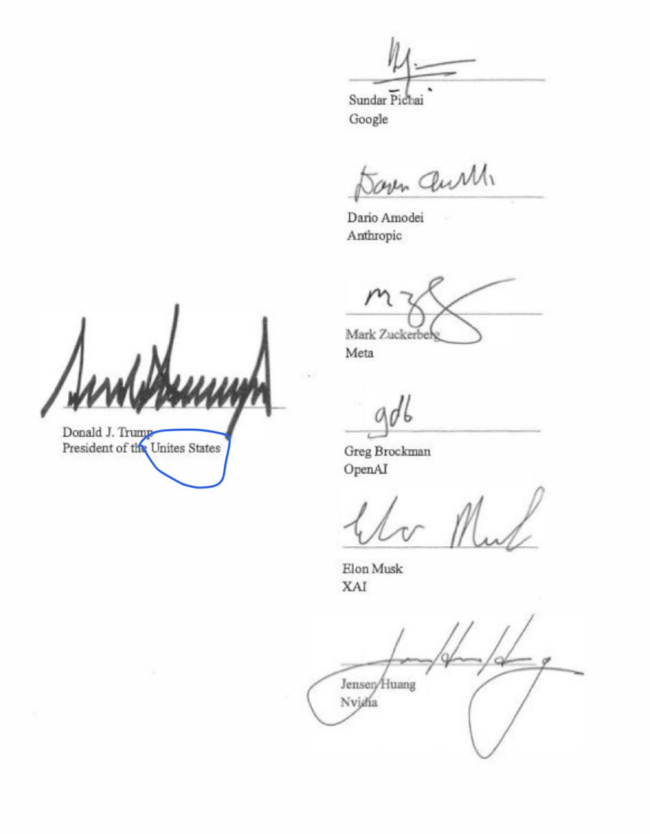 napentsoane's tweet photo. SA, now we can relax a little. It seems the spectacular public faux pas is a global sport. 🇿🇦🌍

On Tuesday, President Trump and some of the biggest names in tech signed an accord on the safe development of AI.

Yet right beneath Trump’s signature, his title reads: “President of the Unites States.”

Yes. Unites.

An agreement about superintelligence, signed by the people building it… and a basic typo made it past the whole process and into the published document. Even with Big Tech’s finest signatures on the page.

We South Africans really must stop thinking we have a monopoly on these moments. 😂