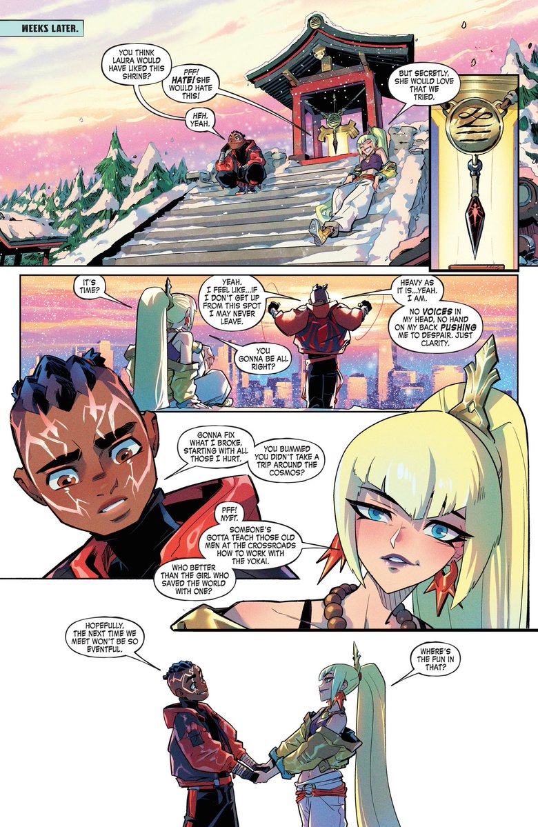 Umlil0's tweet photo. Marvel Mangaverse: Web of Destiny #1 was a fun story. Kenny Ruiz on pencils and Noiry on colors are an absolute dream team. No complaints here besides Miles’s hair situation, which is beyond ass.

While I enjoyed the narrative, it kind of renders the other stories—Iron Knight, Ghostlocke, and Arcane Avengers—pointless. They all ended as if they were going to culminate in some grand battle in Web of Destiny #1, only for those characters to play no part in the final battle and get a single panel of acknowledgment.

After the blunder that was Spider-Versity, I’m more cognizant of the Kellys’ writing choices regarding Miles. The Miles Morales/Illyana Rasputin/Laura Kinney trio depicted here in the Mangaverse is definitely a highlight, but I can’t help but feel that the Kellys default to writing Miles as passive and reactive. I’d imagine they were going for a Yuji-after-Sukuna-levels-Shibuya moment with Miles, but it doesn’t really work when all Miles does across these two issues is shoot one of his best friends in the head and sing “Why Can’t We Be Friends?” while the world ends.

In anime terms, Mangaverse Miles is kind of an amalgam of Naruto, Sasuke, and Yuji, with Blackheart as his Sukuna. Functionally, though, he’s just the straight man of his group—or rather, a bad shonen love interest—while Mangaverse Magik and Laura actually do all the cool Naruto and Sasuke stuff.

Overall, the art and central trio make this a fun read, but the payoff is a little hollow and Miles’s role is too passive to land the big emotional beat. Worth it for the visuals and the Magik/Laura dynamic; frustrating if you were hoping the other stories would matter.