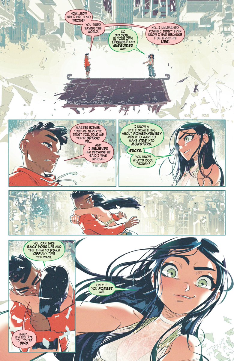 Umlil0's tweet photo. Marvel Mangaverse: Web of Destiny #1 was a fun story. Kenny Ruiz on pencils and Noiry on colors are an absolute dream team. No complaints here besides Miles’s hair situation, which is beyond ass.

While I enjoyed the narrative, it kind of renders the other stories—Iron Knight, Ghostlocke, and Arcane Avengers—pointless. They all ended as if they were going to culminate in some grand battle in Web of Destiny #1, only for those characters to play no part in the final battle and get a single panel of acknowledgment.

After the blunder that was Spider-Versity, I’m more cognizant of the Kellys’ writing choices regarding Miles. The Miles Morales/Illyana Rasputin/Laura Kinney trio depicted here in the Mangaverse is definitely a highlight, but I can’t help but feel that the Kellys default to writing Miles as passive and reactive. I’d imagine they were going for a Yuji-after-Sukuna-levels-Shibuya moment with Miles, but it doesn’t really work when all Miles does across these two issues is shoot one of his best friends in the head and sing “Why Can’t We Be Friends?” while the world ends.

In anime terms, Mangaverse Miles is kind of an amalgam of Naruto, Sasuke, and Yuji, with Blackheart as his Sukuna. Functionally, though, he’s just the straight man of his group—or rather, a bad shonen love interest—while Mangaverse Magik and Laura actually do all the cool Naruto and Sasuke stuff.

Overall, the art and central trio make this a fun read, but the payoff is a little hollow and Miles’s role is too passive to land the big emotional beat. Worth it for the visuals and the Magik/Laura dynamic; frustrating if you were hoping the other stories would matter.